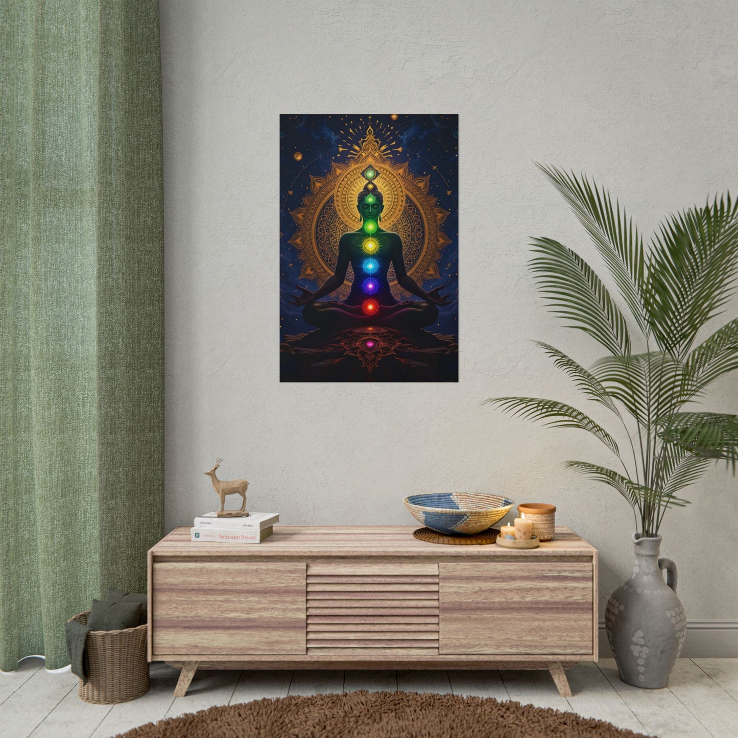 Yoga art of a meditating figure with seven chakras glowing in rainbow colors, golden mandala background, and cosmic spiritual design Seven Chakra Meditaion Poster For Sale
