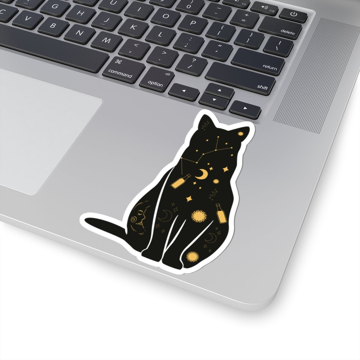 Black cat kiss-cut vinyl sticker – mystical cosmic witch cat decal for laptops, journals, and scrapbooking