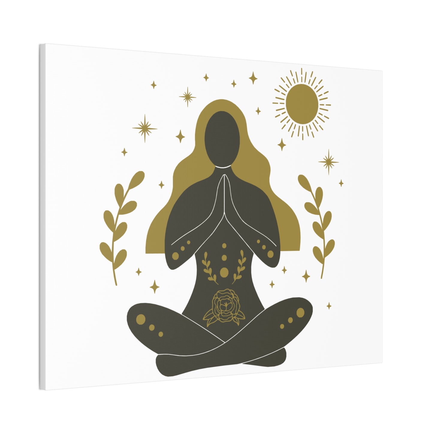 Minimalist yoga art canvas featuring a meditating woman silhouette with golden hair, sun, stars, and floral elements – spiritual wall decor”