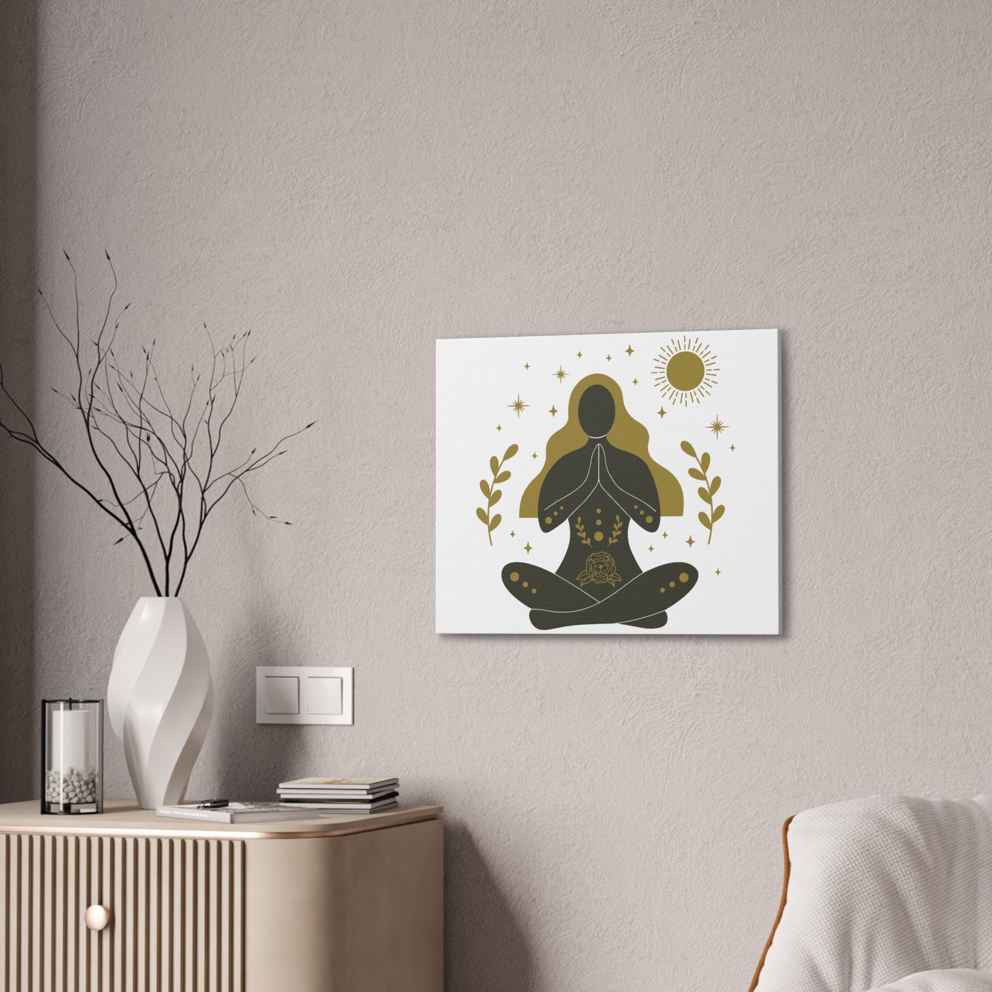 Minimalist yoga art canvas featuring a meditating woman silhouette with golden hair, sun, stars, and floral elements – spiritual wall decor”