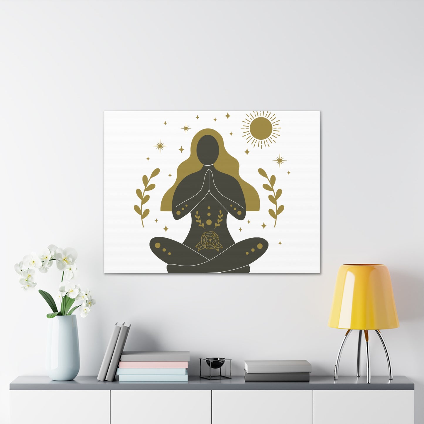 Minimalist yoga art canvas featuring a meditating woman silhouette with golden hair, sun, stars, and floral elements – spiritual wall decor”