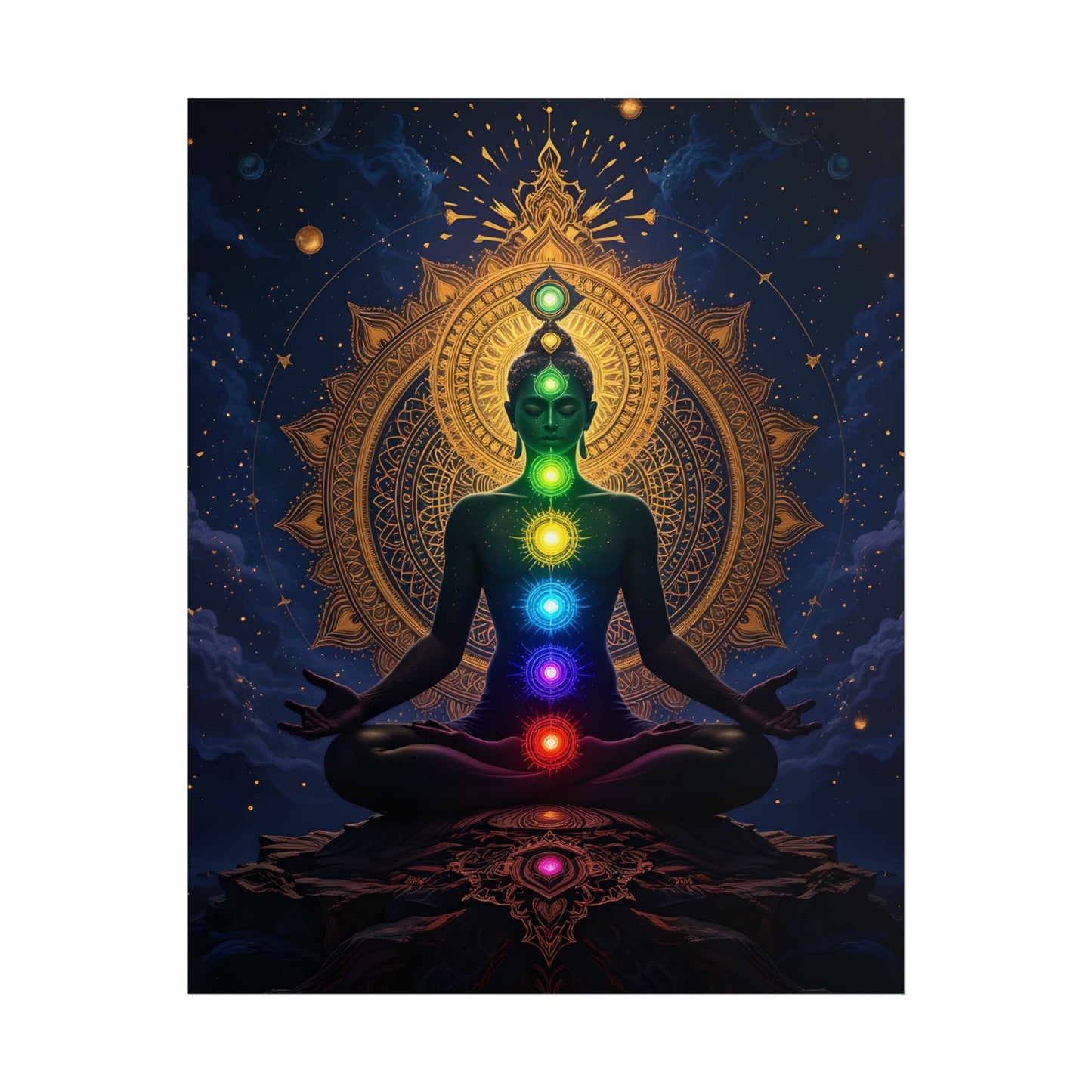 Yoga art of a meditating figure with seven chakras glowing in rainbow colors, golden mandala background, and cosmic spiritual design Seven Chakra Meditaion Poster For Sale 