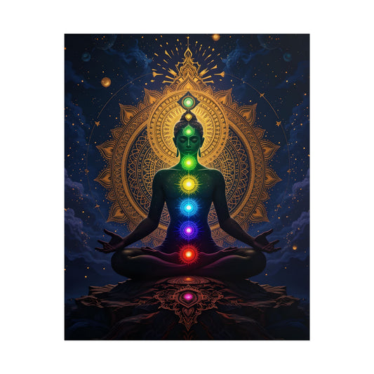 Yoga art of a meditating figure with seven chakras glowing in rainbow colors, golden mandala background, and cosmic spiritual design Seven Chakra Meditaion Poster For Sale 