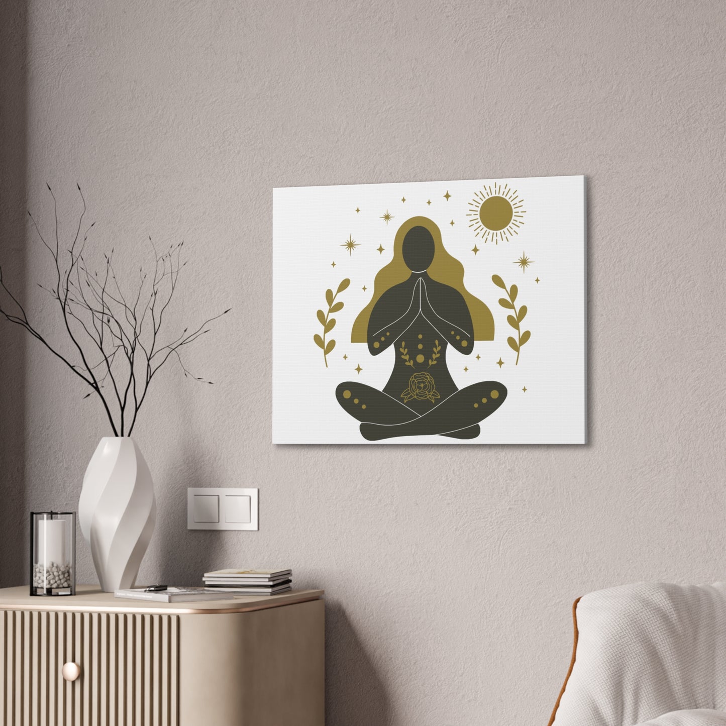 Minimalist yoga art canvas featuring a meditating woman silhouette with golden hair, sun, stars, and floral elements – spiritual wall decor”