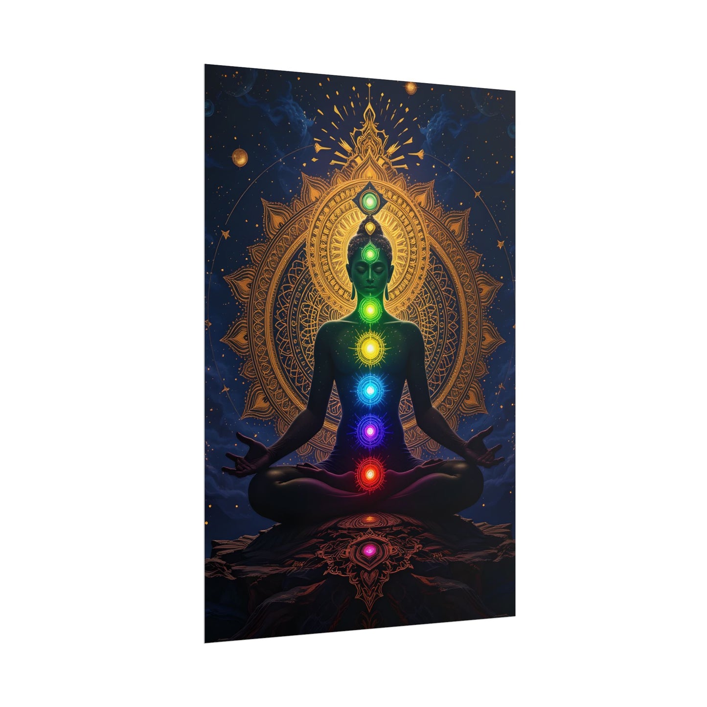 Yoga art of a meditating figure with seven chakras glowing in rainbow colors, golden mandala background, and cosmic spiritual design Seven Chakra Meditaion Poster For Sale 