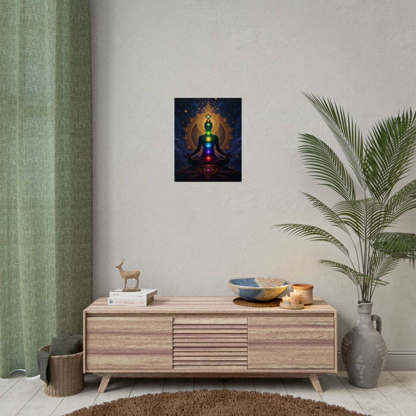 Yoga art of a meditating figure with seven chakras glowing in rainbow colors, golden mandala background, and cosmic spiritual design Seven Chakra Meditaion Poster For Sale 