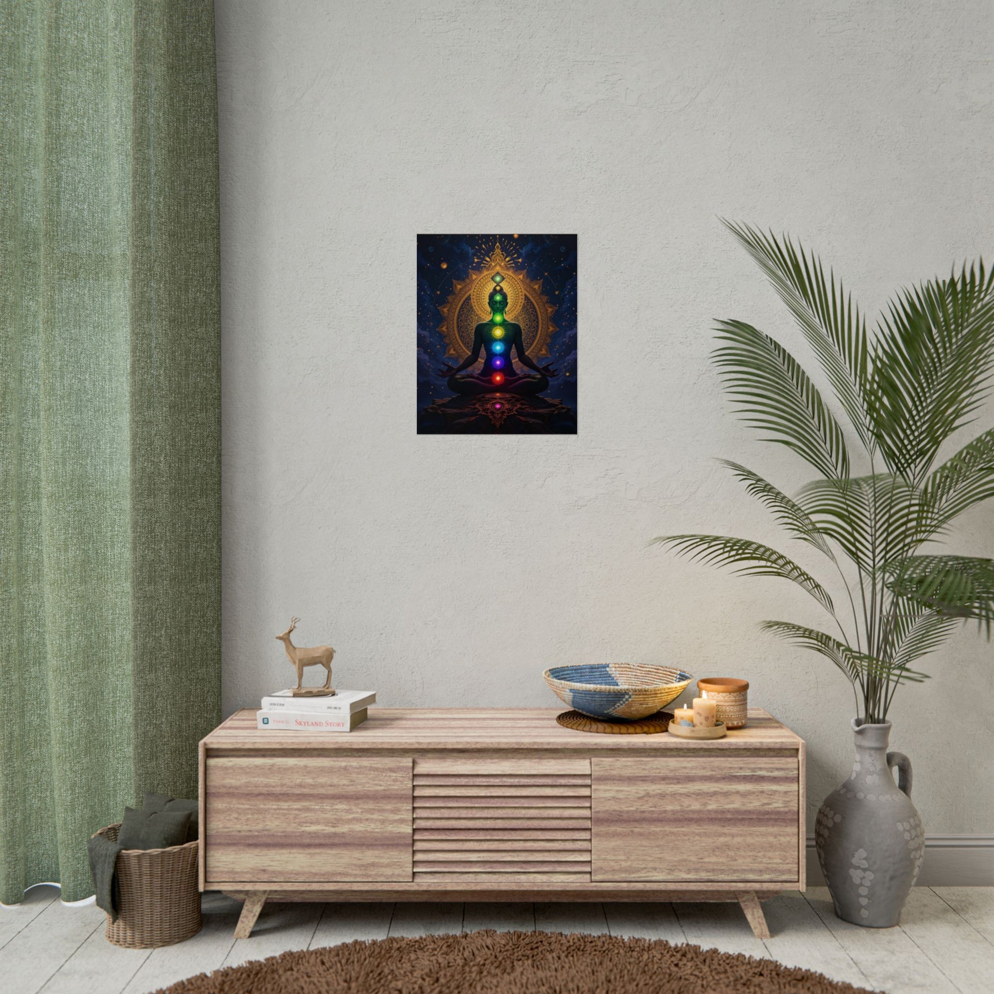 Yoga art of a meditating figure with seven chakras glowing in rainbow colors, golden mandala background, and cosmic spiritual design Seven Chakra Meditaion Poster For Sale 
