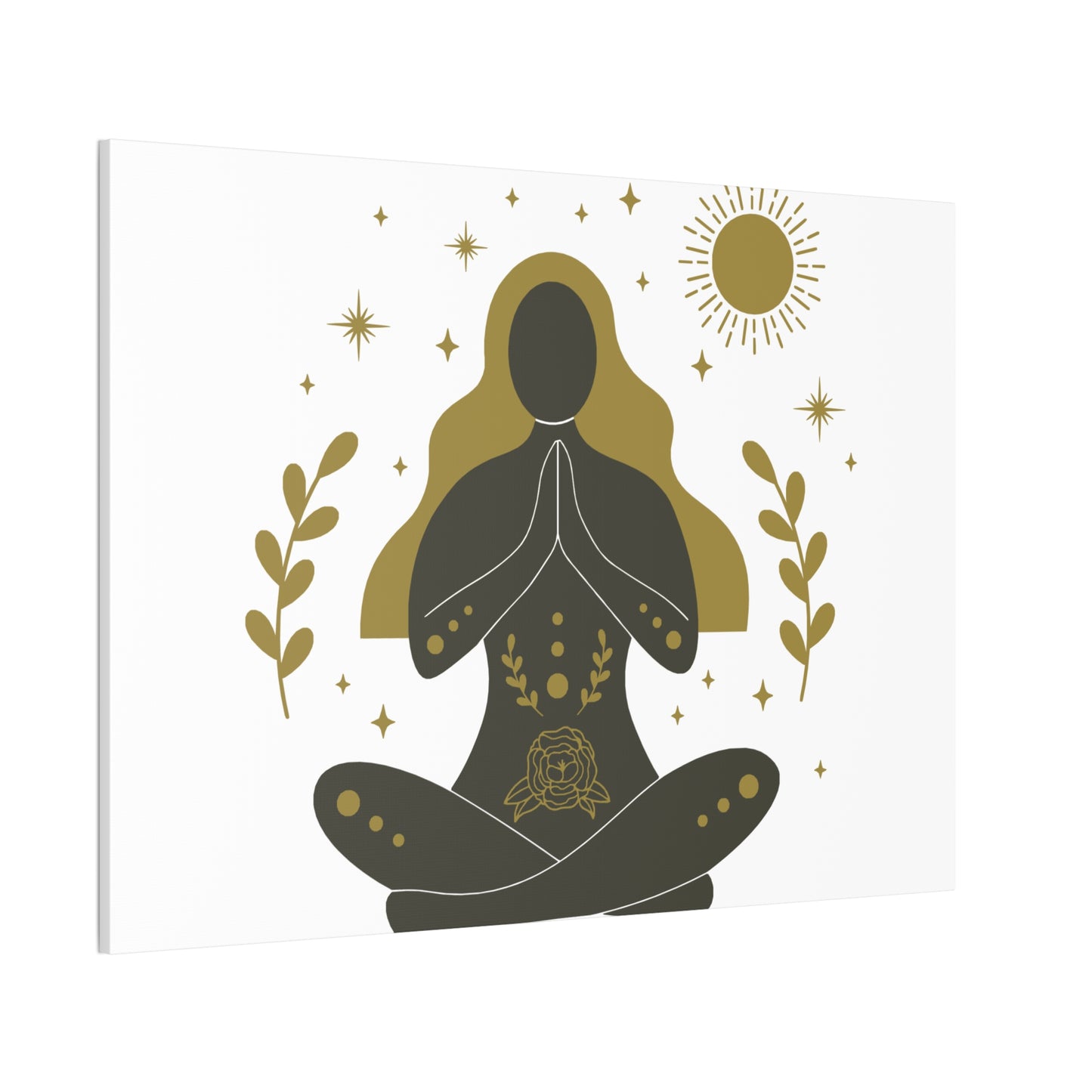 Minimalist yoga art canvas featuring a meditating woman silhouette with golden hair, sun, stars, and floral elements – spiritual wall decor”