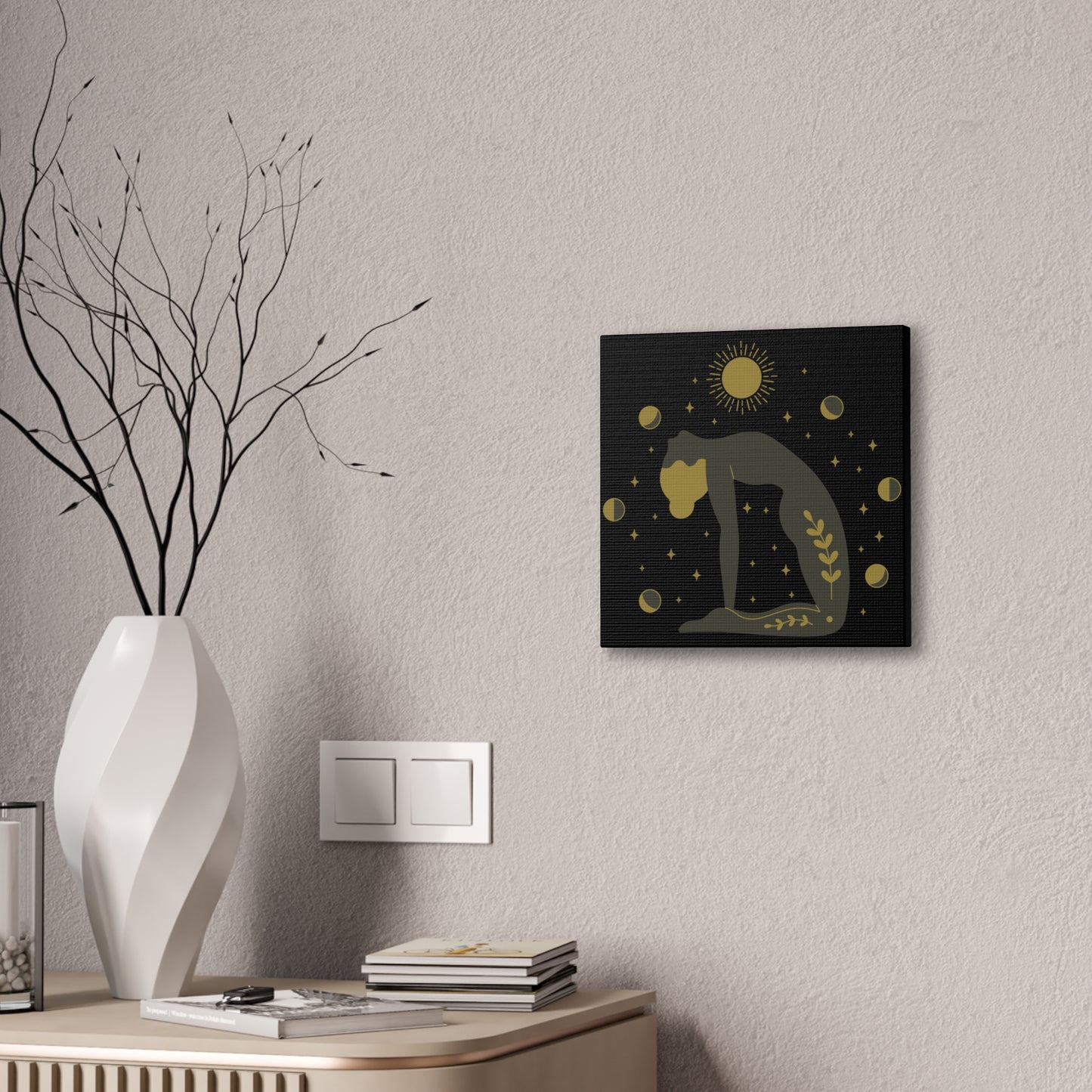 Yoga art prints of girl in yoga pose, 2025 black zen background, premium wall decor for serene mindfulness. (