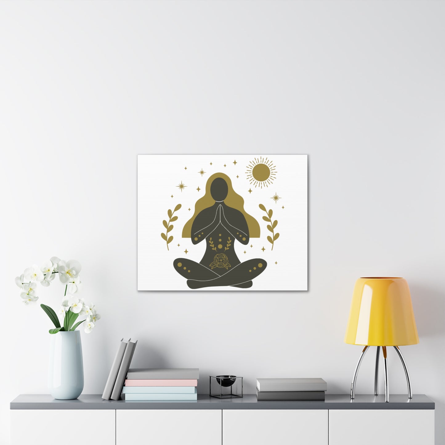 Minimalist yoga art canvas featuring a meditating woman silhouette with golden hair, sun, stars, and floral elements – spiritual wall decor”