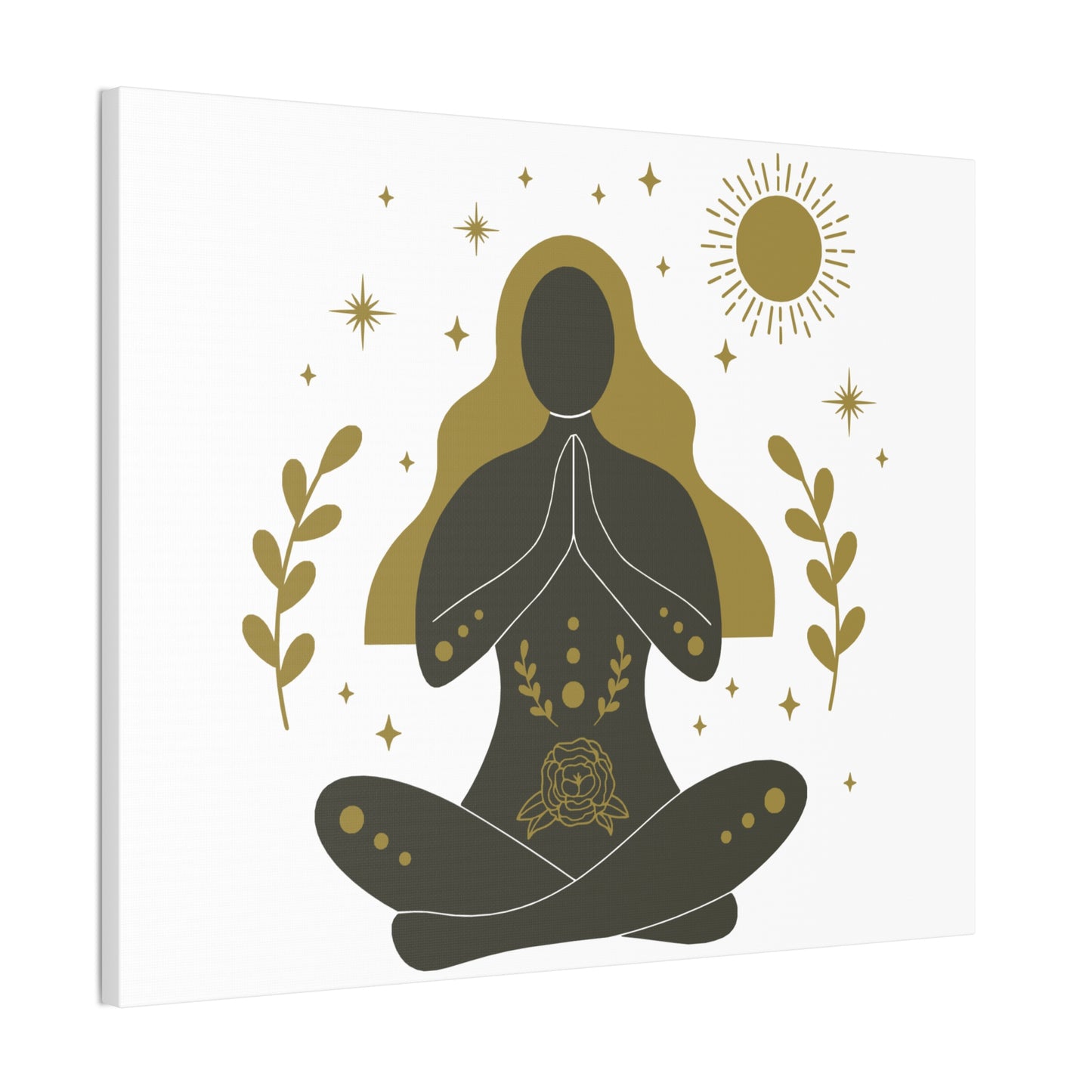 Minimalist yoga art canvas featuring a meditating woman silhouette with golden hair, sun, stars, and floral elements – spiritual wall decor”