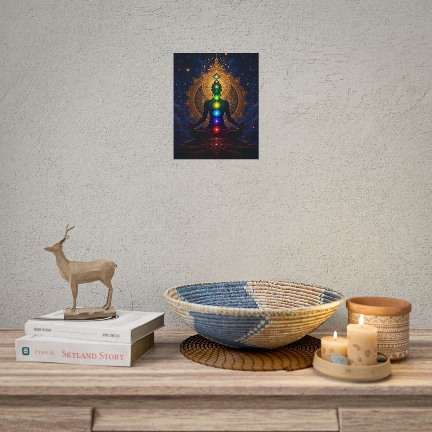 Seven Chakra Meditaion Poster For Sale 
Yoga art of a meditating figure with seven chakras glowing in rainbow colors, golden mandala background, and cosmic spiritual design Seven Chakra Meditaion Poster For Sale 