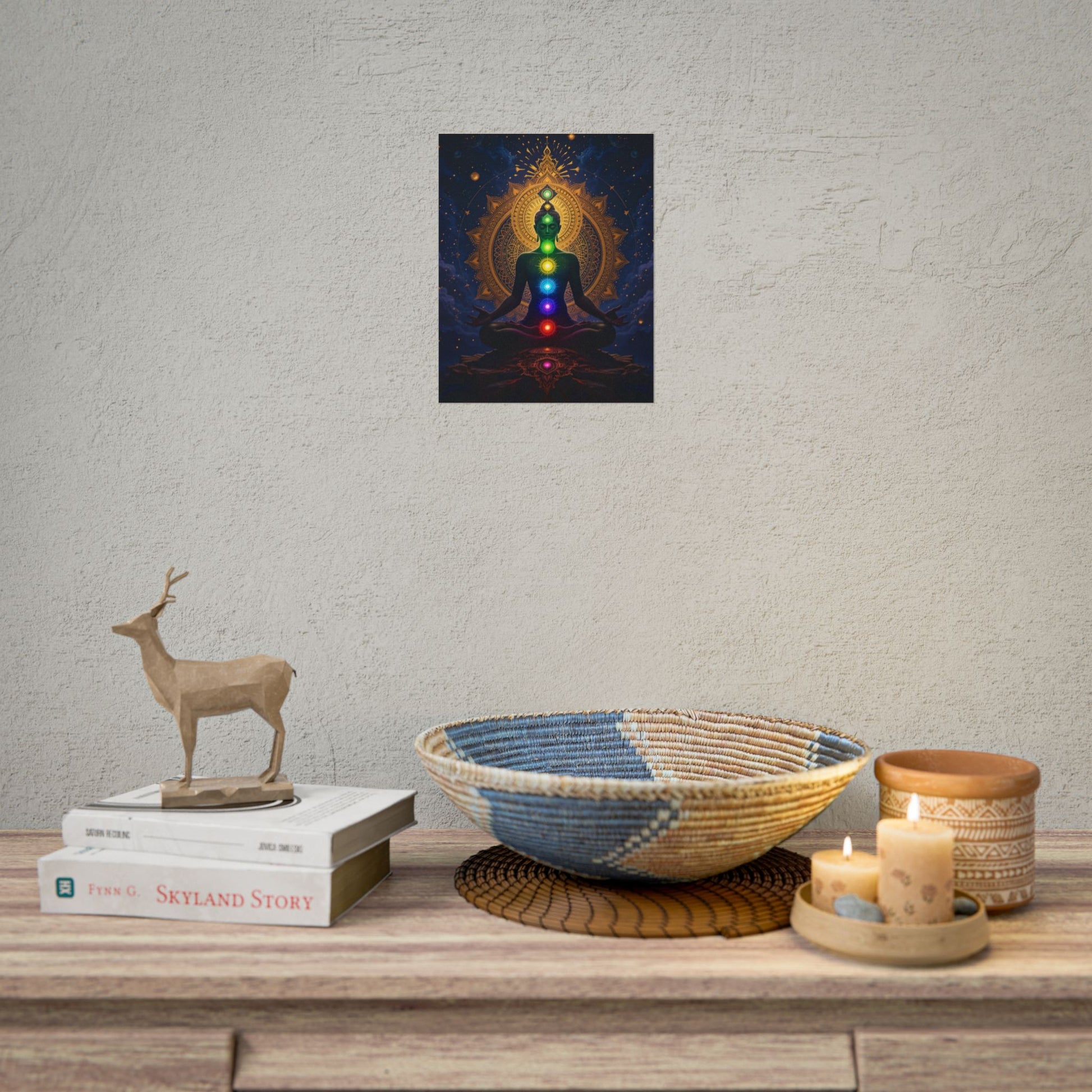Seven Chakra Meditaion Poster For Sale 
Yoga art of a meditating figure with seven chakras glowing in rainbow colors, golden mandala background, and cosmic spiritual design Seven Chakra Meditaion Poster For Sale 