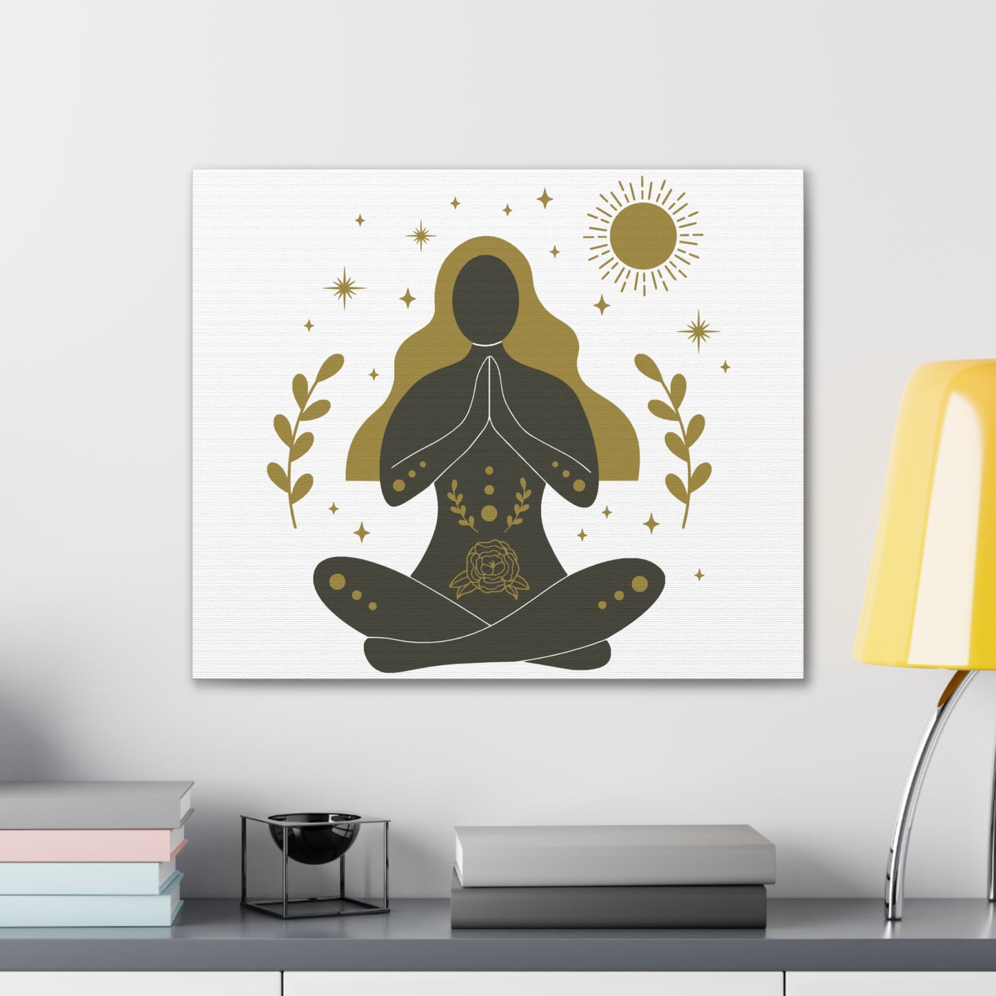 Minimalist yoga art canvas featuring a meditating woman silhouette with golden hair, sun, stars, and floral elements – spiritual wall decor”