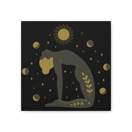 Yoga art prints of girl in yoga pose, 2025 black zen background, premium wall decor for serene mindfulness.