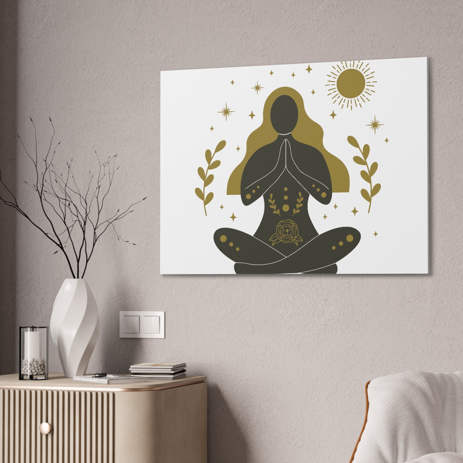 Minimalist yoga art canvas featuring a meditating woman silhouette with golden hair, sun, stars, and floral elements – spiritual wall decor”