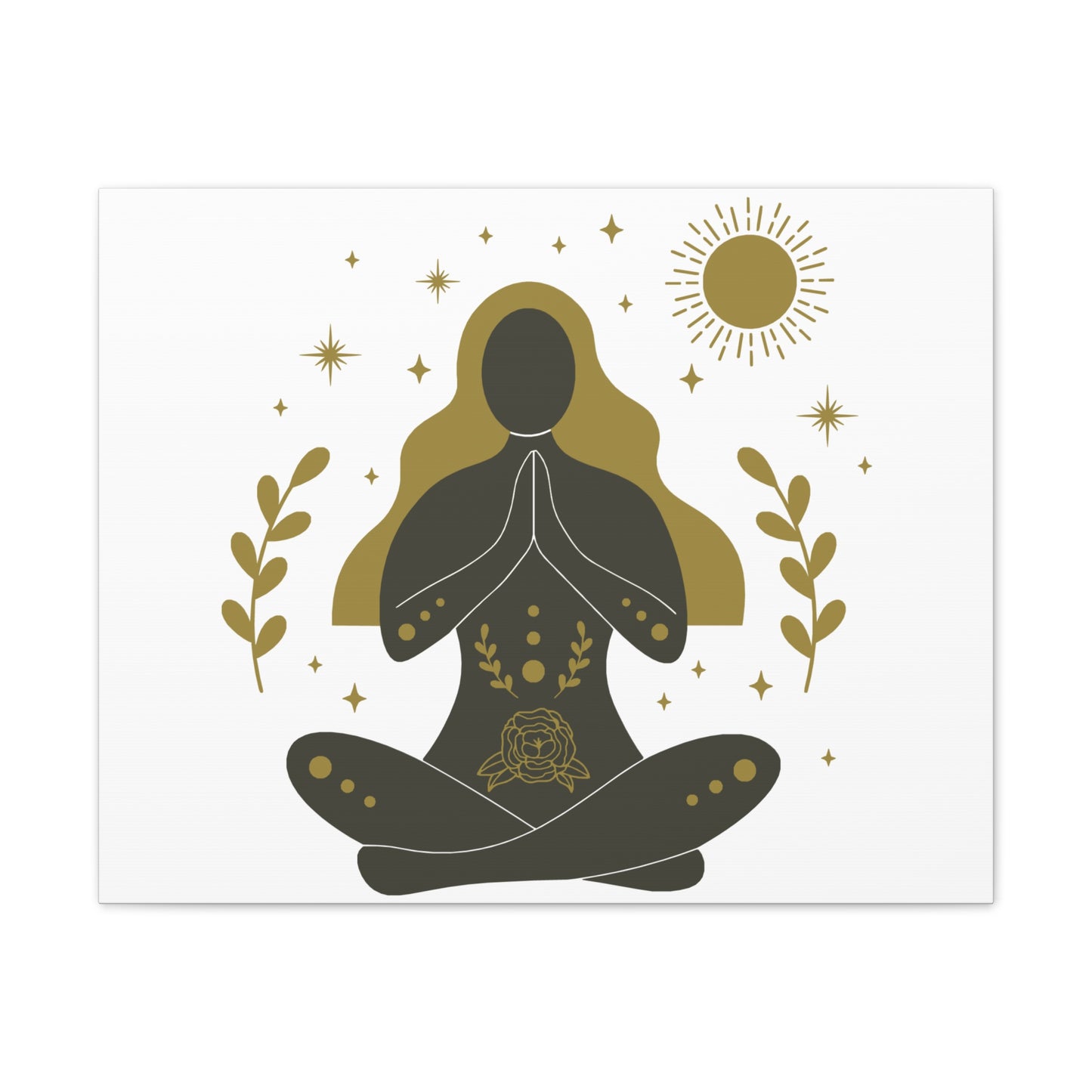 Minimalist yoga art canvas featuring a meditating woman silhouette with golden hair, sun, stars, and floral elements – spiritual wall decor”