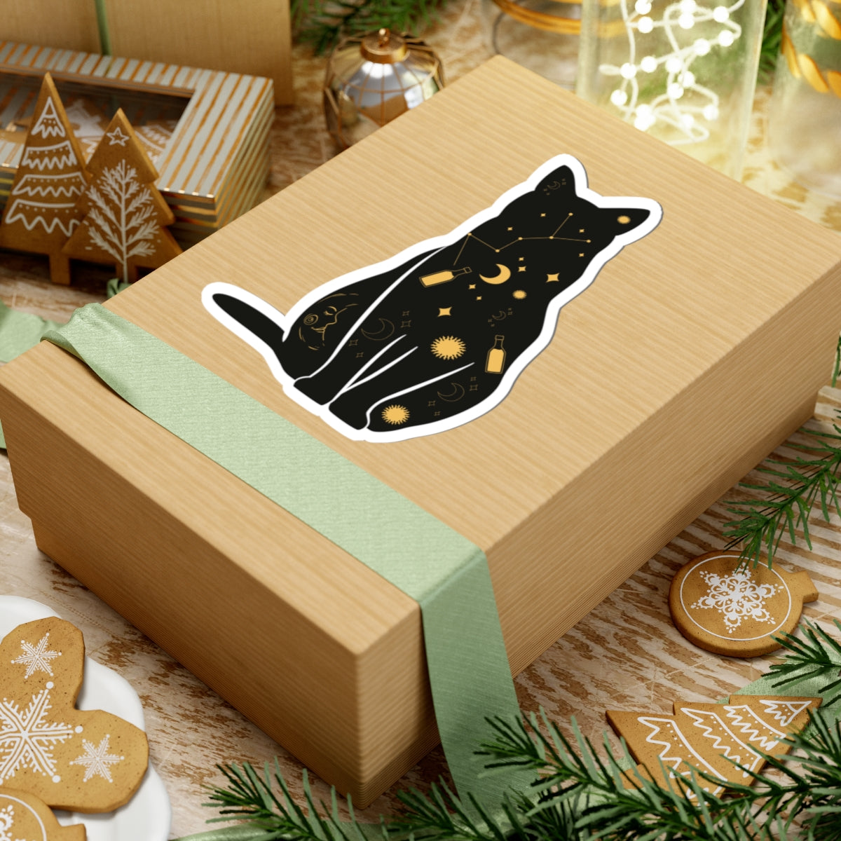 Mystical black cat kiss-cut sticker – celestial witch familiar design for laptops, water bottles, and decor